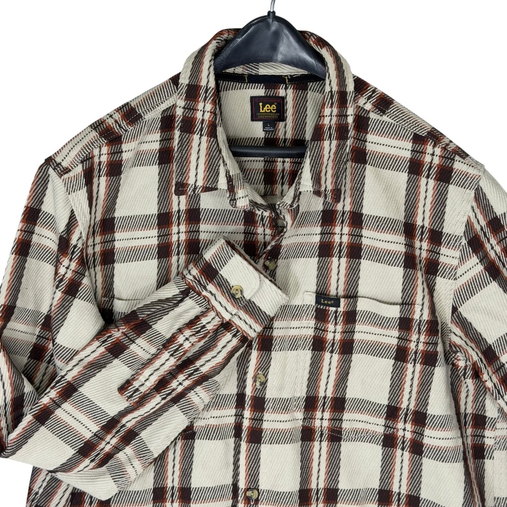 Lee Plaid Button Up Shirt Mens L Cream Brown Corduroy Textured Excellent Casual